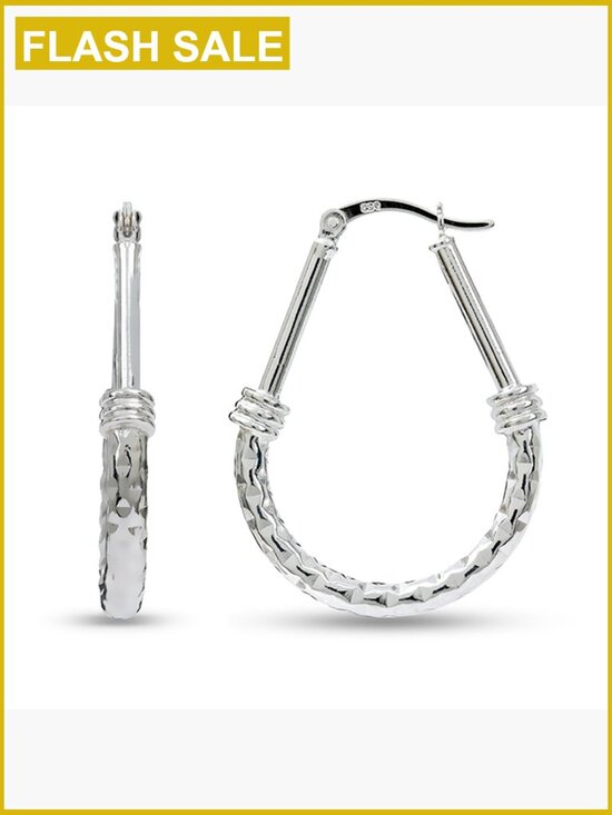 925 Sterling Silver Diamond-Cut Hoop Earrings | Oval Drop Silver Earrings